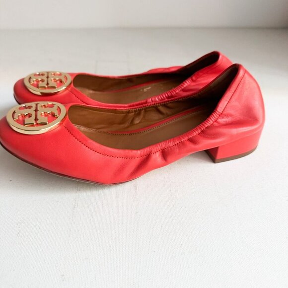 Tory Burch Leather Coral Orange Scrunch Back Low Black Heel Flats 6.5 - Picture 6 of 12